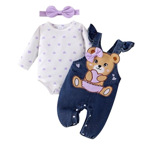 Image of TOKIAGO Baby Girl Clothes Outfits Fall Winter Cute Love Romper Bear Cartoon Overalls Jeans Pants Headband Set 0-18 Months