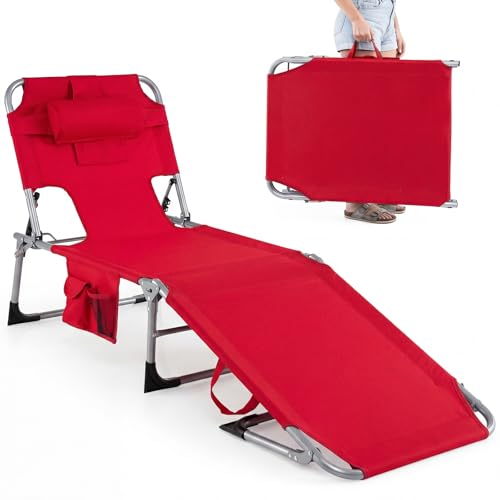 GYMAX Tanning Chair with Face Hole, Sun Bathing Lounge Chairs for Outside with Side Pocket, Folding Portable Face Down Layout Tanning Chair Beach, Backyard, Poolside, Lawn (Red,1)