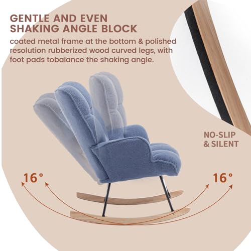 Image of SAETSFEG Rocking Chair Nursery Teddy Upholstered Glider Rocker Rocking Accent Chair Padded Seat with High Backrest Armchair Comfy Side Chair for Living Room Bedroom Offices (Steelblue Teddy)