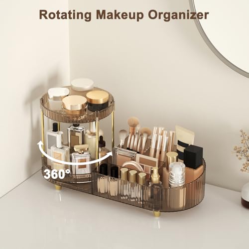 Image of Makeup Organizer Countertop with 360 Rotating Perfume Trays, 7-Divider Vanity Skincare Organizers, Make Up Desk Organization and Storage with Cosmetic Brush Holder for Bedroom Bathroom Counter