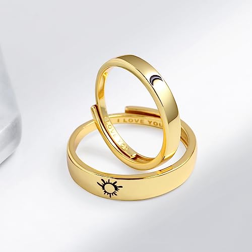 Image of Beydodo 925 Silver Rings Custom Adjustable Sun and Moon Matching Rings Engraved I Love You Couples Rings Wedding