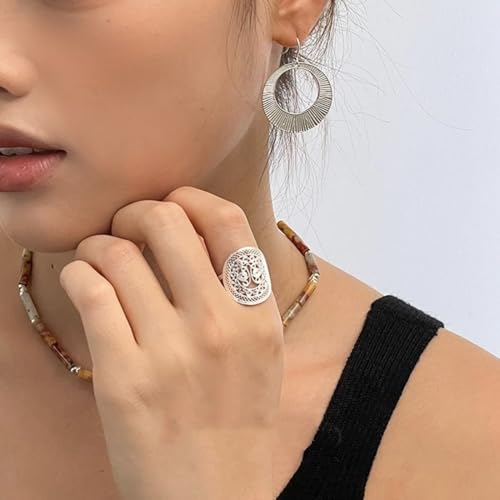 Dtja Boho Oval Filigree Statement Ring for Women Silver Plated Adjustable Expandable Open Wrap Finger Rings Comfort Fit Bohemian Indian Tribal Style Wedding Festival Holiday Jewelry Gift3
