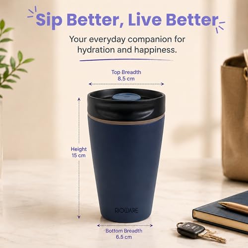 Image of Rioware Vacuum Insulated Coffee Mug Travel Tumbler for Men | Tea Thermos Flask Mugs | Temperature Control Traveling Spill Proof Sipper Bottle | Hot 8 Hrs & Cold 12 Hrs - 350ml - Blue