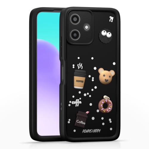 Image of Bintage Cute Fun Ball | Taddy Cartoon 3D Smiley Coffee Cup | Milk Donut | Full Camera Protection Back Cover Compatible for Poco M6Pro 5G / Redmi 12 5G - Black