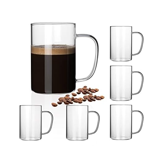 HORLIMER 16 oz Glass Coffee Mugs Set of 6, Clear Coffee Cup with Handle for Tea Cappuccino Latte Milk Juice Hot Beverages