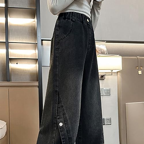Girls Jeans Baggy Wide Leg Side Snap Buttons Denim Pants Kids Cute Elastic Trousers Trendy Y2k Streetwear with Pockets2