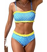 ROSEWE Cute Bikini Sets for Women, Frill Design Ditsy Floral Swimsuits, Smocked Bandeau Top with ...