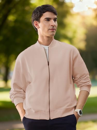 Image of Nobero Men's Premium Fleece Bomber Jacket | 280 GSM Fabric | Regular Fit Zip-Up Outerwear | Shirt Collar | Ribbed Cuffs & Hem | Casual Winter Layering Jacket