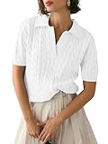Women's Short Sleeve Sweaters V Neck Pullover Summer Tops Casual Solid Lapel Shirts Cable Knit Sweater White