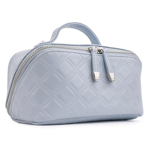 Starbox Gathering Travel Makeup Bag,Large Capacity Cosmetic Bags for Women,Portable Pouch Open Flat Toiletry Bag Make up Organizer with Divider Double divider removable and Handle (Blue)