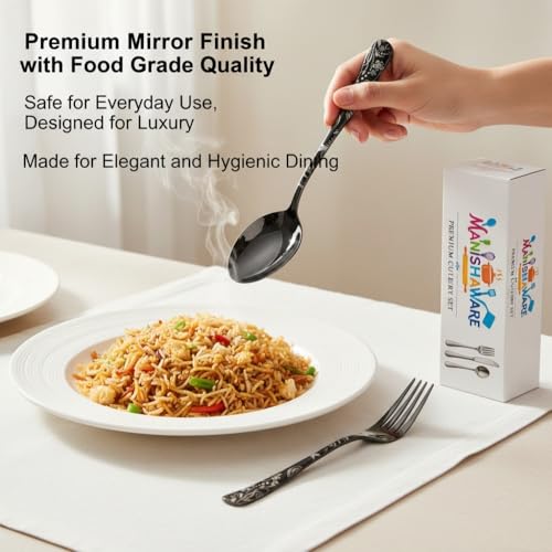 Image of Classic Black 20 Pcs Stainless Steel Cutlery Set for Dining Table, Dishwasher Safe Glossy Flatware (Perfect Spoon Fork Set)