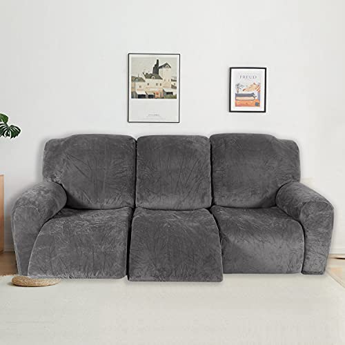 Funda de sillón extensible de terciopelo relax gris de tres plazas lavable 3