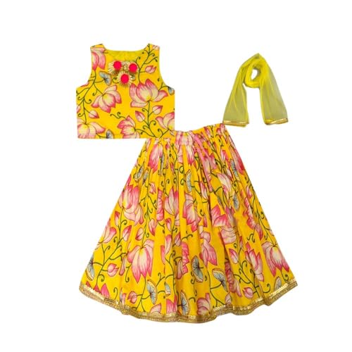 Image of A.T.U.N. (ALL THINGS UBER NICE) Girls Cotton Ethnic Floral Lehenga Choli Set with Lace & Dupatta | Traditional 3-Piece Festive Outfit for Kids