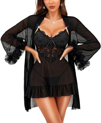 RSLOVE Conjuntos de lencería sexy para mujer, ropa de dormir de encaje, babydoll con bata, camisón de 2 piezas, Negro , XXL
