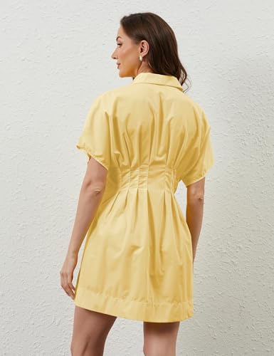 Image of calbatic Women Button Down Pleated Shirt Dress Striped Short Sleeve Summer Business Casual Flowy Mini Short Dress Yellow