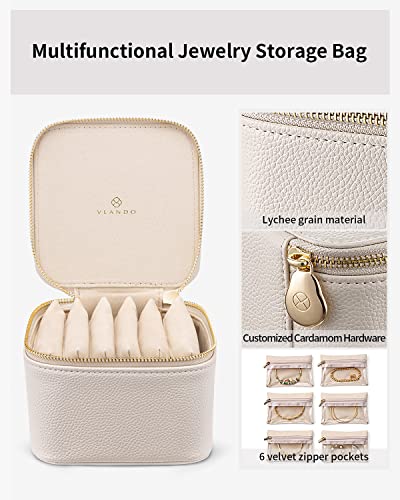 Vlando Jewelry Travel Case,Valentines Gift,Travel Jewelry Organizer with Clear Velvet Jewelry Bags 6Pcs Zipper Pouch for Women Girl Birthday Gift-White