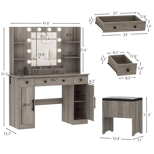 Image of HUANLEGO Vanity Desk with Mirror and Lights,Grey Makeup Vanity with Charging Station & Stool, 3 Drawers and Cabinets, Farmhouse Vanity Mirror with RGB LED Lights Makeup Desk and Chair for Women