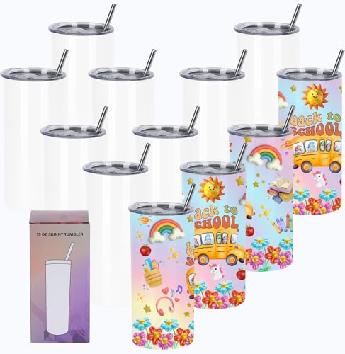 Wzaytia 15 Oz Sublimation Tumblers (12 Pack), Skinny Straight Kids Tumblers, Individually Gift Boxed, White