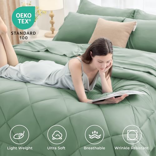HEVUMYI Light Green King Comforter Set - 7-Piece All Season Bed in a Bag King, Ultra Soft Bedding Set with Comforter, Flat Sheet, Fitted Sheet, Pillowcases, Pillow Shams