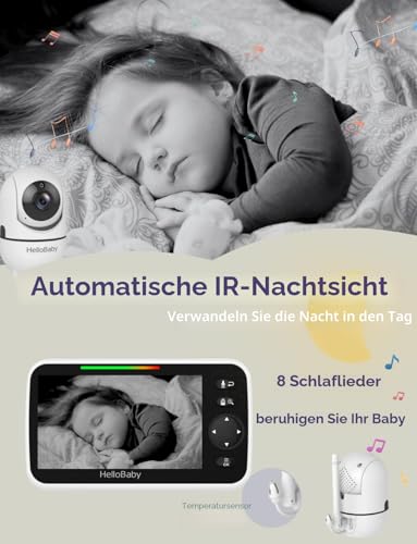 HelloBaby Babyphone mit 2 Kameras, Kein WLAN, 5\ Geteilter Bildschirm, Kabelgebundene Kamera, 355°/120° Schwenken-Neige Babyphone, ECO, 2 Wege Audio, Nachtsicht, 3500 mAh Akku, 8 Schlaflieder