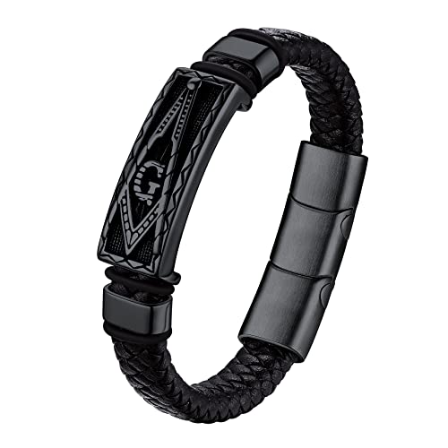 Bestyle Joyería Vikinga Pulsera de Cuero Hombre Pulsera de Masonería 23cm con Cerradura Magnética de Acero Inoxidable