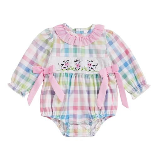 Fall Clothes Infant Baby Girl Long Sleeve Romper Bodysuit Collared Plaid Cow Embroidery Farm Outfit