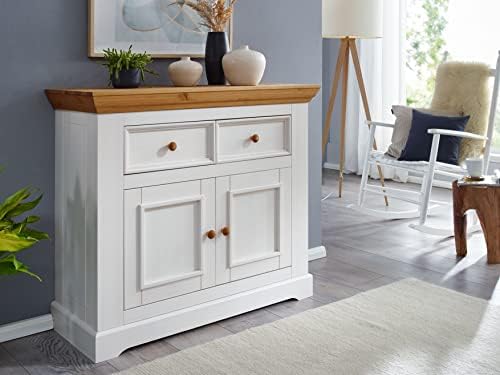 Woodroom Sideboard Chest of Drawers, Wood Pine, White, breit