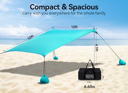 Beach Tent, Camping Sun Shelter 10 x 10ft, with 4 Sandbags, UPF50+, Includes Sand Shovel, Ground Pegs & Stability Poles, Pop Up Beach Canopy Sunshade for Fishing, Backyard Fun or Picnics (Cyan) - Image 7