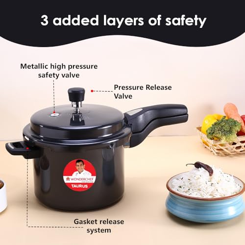 Image of Wonderchef Taurus Hard Anodized Outer Lid Pressure cooker, 5 liter, Cool Touch Handles for Durability, Induction Friendly, Black, 5 year warranty, ISI Certified