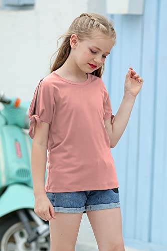 Image of GORLYA Girls Slit Sleeve Tie Knot Cuff Knit Tunic Top 4-14Y | Seamless knit, cold shoulder slit sleeves with tie-knot cuffs, solid & stripe options, ideal for school and casual outings.
