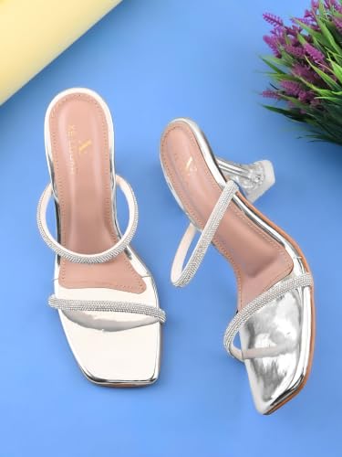 Image of XE Looks Women's Rhinestone Double Strap Slip-On Heeled Sandals with Transparent Sculpted Heel | Soft Cushioned Footbed | Elegant Open Square Toe Sandals for Girls & Women