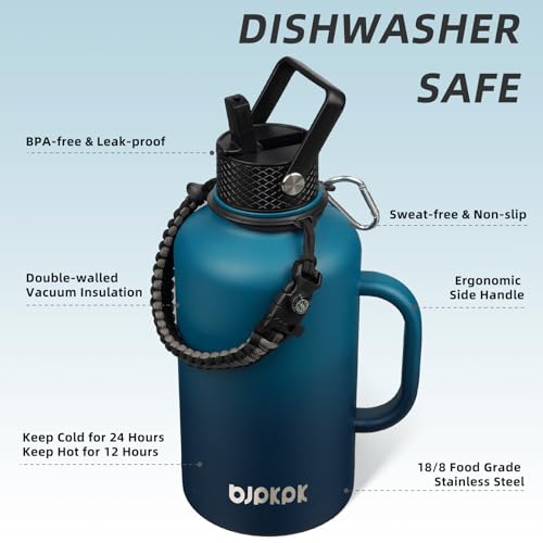 Image of BJPKPK Half Gallon Insulated Water Bottles with Straw Lid & Side Handle, 64oz Large, Stainless Steel Water Bottles with 3 Lids and Paracord Strap, Metal Water Jug,Vast