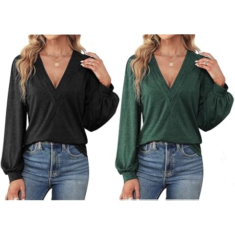 Agnes Urban Womens V Neck Long Sleeve Tops Dressy Casual Fall Shirts Puff Sleeve Loose Tunic Trendy Tops Blouses Cover