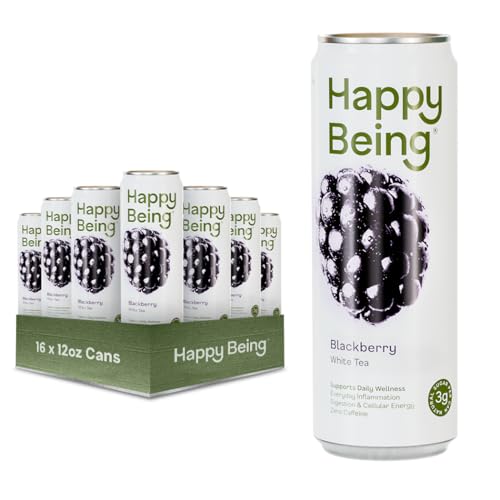 Image of Happy Being Blackberry White Tea - Antioxidant & Polyphenol Rich, Infused with Turmeric, Elderberry, Plant-Based, Low Sugar & Low Calorie Drinks, 12oz (16 Pack)