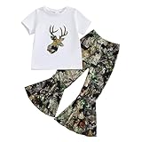 LZUBCPY Baby Girl Hunting Clothes Deer Print Short Sleeve T Shirt Jungle Camo Flared Pants Toddler Summer Bell Bottoms Outfit (White, 3-4 Years)