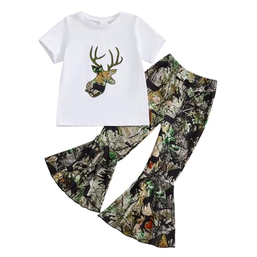 LZUBCPY Baby Girl Hunting Clothes Deer Print Short Sleeve T Shirt Jungle Camo Flared Pants Toddler Summer Bell Bottoms Outfit (White, 3-4 Years)