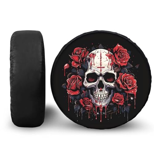 Image of Pensura Skull Flowers Spare Tire Cover Weatherproof Wheel Covers Portable Universal Wheel Camper Spare Tire Cover for RV Trailer, Jeep, Truck, SUV