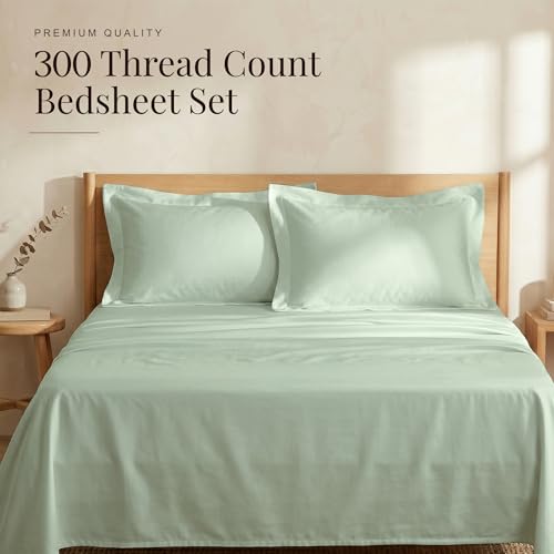 Image of Huesland 100% Pure Cotton Luxe Soft Touch Bedsheet 300 TC - Premium Luxury Bedsheet for Double Bed King Size | Misty Jade | 108 x 108 inches