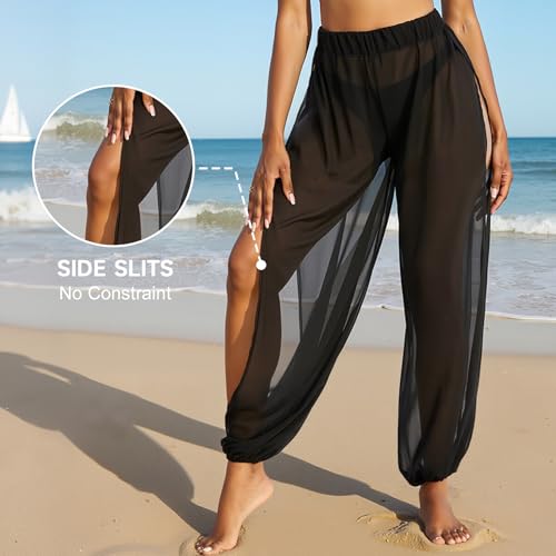 American Trends Sheer Beach Mesh Swimsuit Cover Up Harem Pants for Women High Slit See Through3