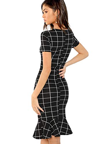 Floerns Women's Short Sleeve Plaid Ruffle Hem Bodycon Office Work Dress Black L