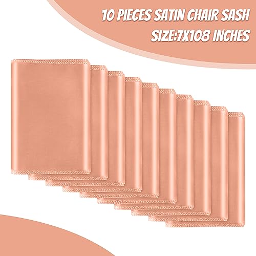 Bouiexye 10 PCS Rose Gold Satin Chair Sashes Bows Universal Chair Ribbon Ties Back Sash for Wedding Party Reception Events Banquets Hotel Event Chair Cover Decoration (7x108 inch) - Thumbnail 2
