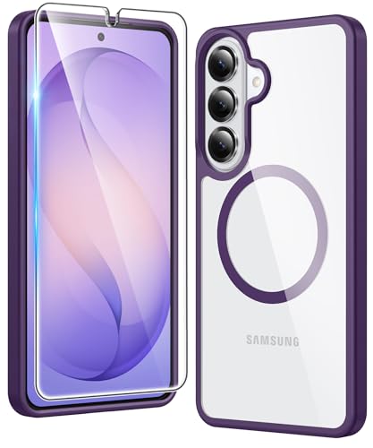 Image of FNTCASE for Samsung Galaxy S26 Case: Clear Magnetic Phone Cases with Screen Protector Compatible with Magsafe Slim Anti Yellowing Shockproof Protective Transparent Cover (Purple Magnetic)