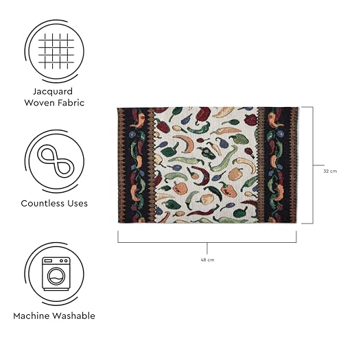 Image of Encasa XO Boho Jacquard Woven Dining Table Placemats, Vintage Chilies | Tapestry Style | Machine Washable | Stain & Heat Resistant | Non-Fading Non-Shrink Fabric | Set of 4