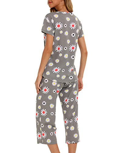 Enjoynight Women's Pajama Short Sleeve Sets Top With Capri Pants Sleepwear Sets Loungewear(Small,Flower) #TOP4