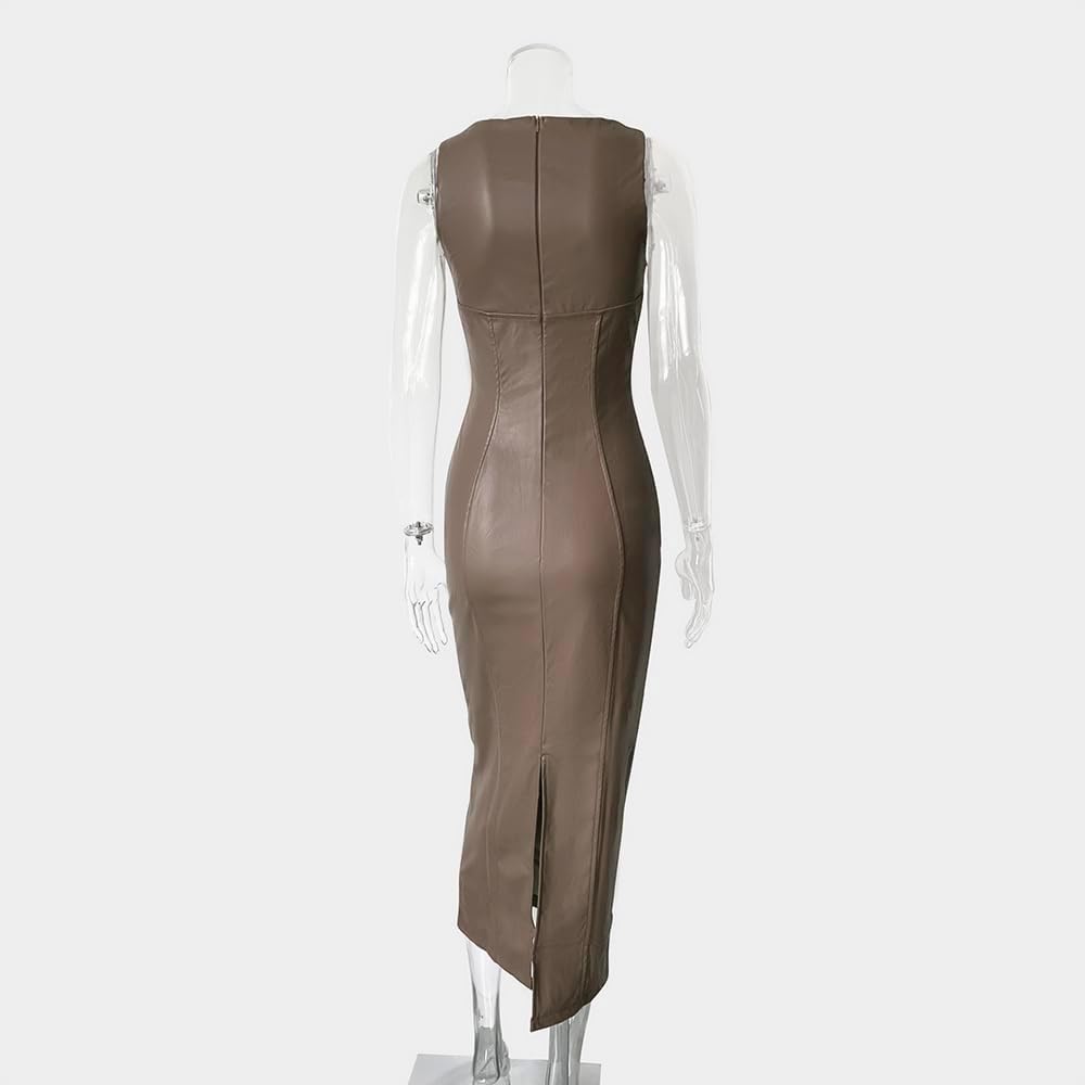 XLLAIS Women's Faux PU Leather Bodycon Maxi Dress Sexy Boatneck Tank Long Dresses - Image 6