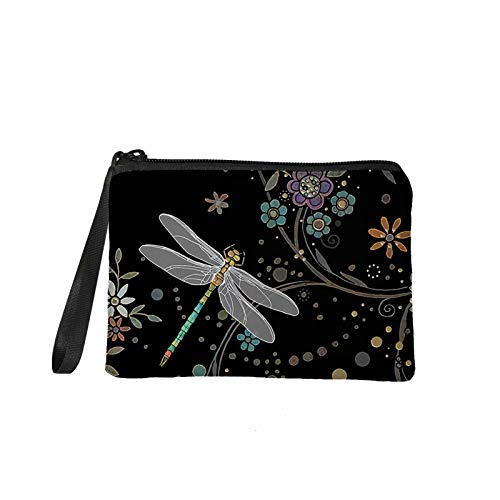 Giftpuzz Mini Zipper Fleece Bags Luxury Dragonfly Cartoon Coin Purse Card Holder Keychian Makeup Lipstick Cosmetic Accessories Organizer, Small Travel Kit Storage Pouch Wristlet Floral Black #TOP29