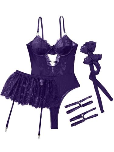 Image of Lilosy Sexy Lingerie Set 3 Piece Women Corset Bodysuit Skirt | Rhinestone Heart Stocking Garter Plus Size Underwire Mesh Sheer Lace Push Up Babydoll Halloween Christmas Valentine's Bridal