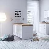 Little Acorns Burlington 2 Piece Nursery Furniture Set | Cot Bed and 3 Drawer Nursery Dresser Chest with Removable Baby Changing Table -White & Oak - Image 1