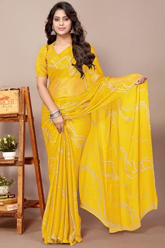 Image of MIRCHI FASHION Saree for Woman Chiffon Georgette Geometric Printed | Lightweight Farewell and Women's Office Sari with Blouse Piece