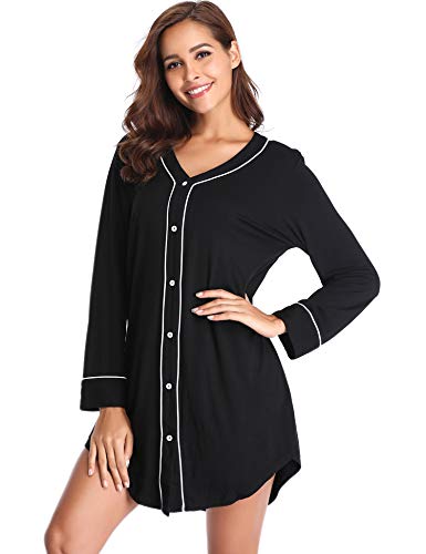 Lusofie Nightgown Women's Long Sleeve Nightshirt Boyfriend Sleep Shirt Button-up Lapel Collar Sleepwear (Black Solid, X-Large)